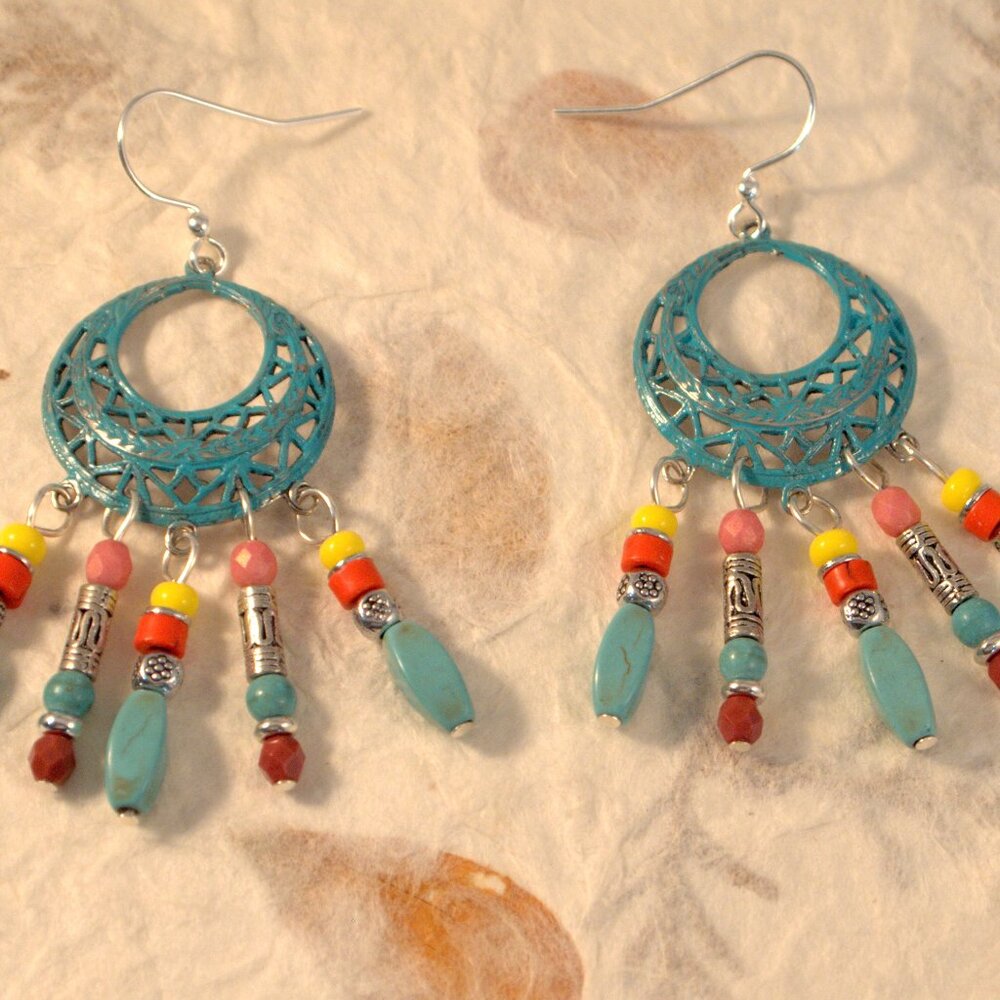 Handmade Southwestern Turquoise Chandelier Earrings Pierced or Clip-on Earrings